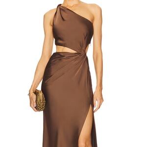 MISHA COLLECTION Kristin Gown One Shoulder Dress in Umber Brown